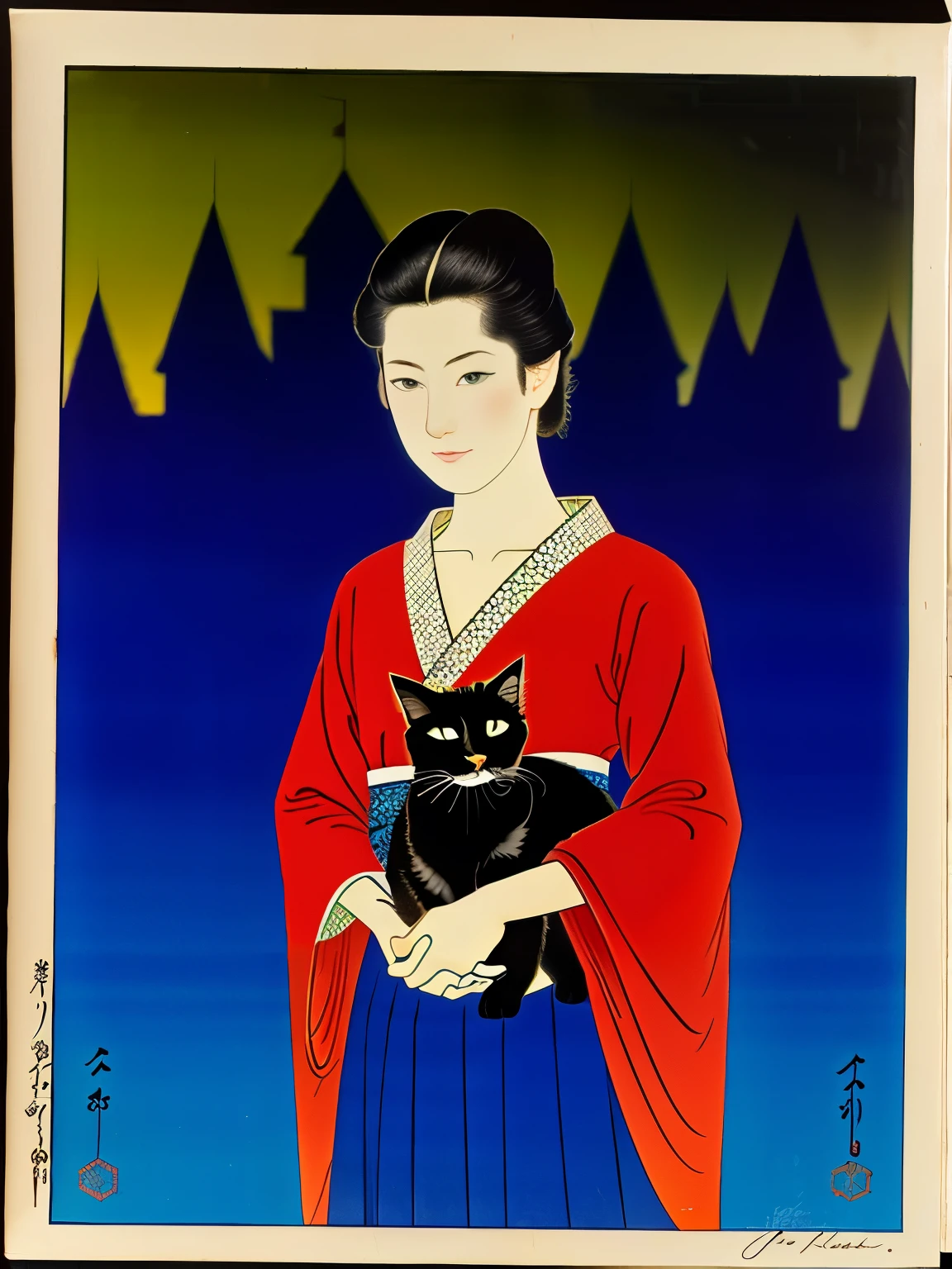 Ukiyo-e:1.9、Utamaro、impressão em xilogravura、impressão em xilogravura、outra paisagem、SF、((menina e gato))、rosto detalhado、Olhos lindos、quimono elegante、padrão floral intrincado、pele delicada、Luz natural、Uma paleta de cores calmante、Peça de foco suave