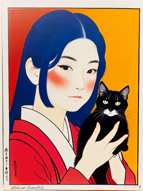 Ukiyo-e:1.9、Utamaro、woodblock print、woodblock print、otherscape、SF、((Girl and cat))、Detailed face、Beautiful Eyes、Elegant kimono、I...