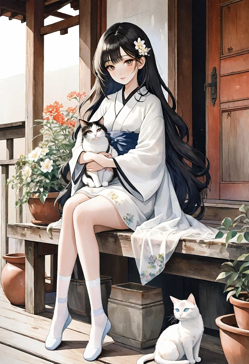 Beautiful oriental girl holding a cat，black flowing hair，Pure white tulle kimono，White socks，Sitting on a wooden porch in front of a rusty old wooden door, simply dressed and looking at the camera，Watercolor edge rendering.hyper-realistic、Wavy curls、textured,Blurred background,Potted flowers on the porch。( Perfect anatomical structure ) Beautiful and extremely fine texture，detailed, bright, High-quality animation style presentation