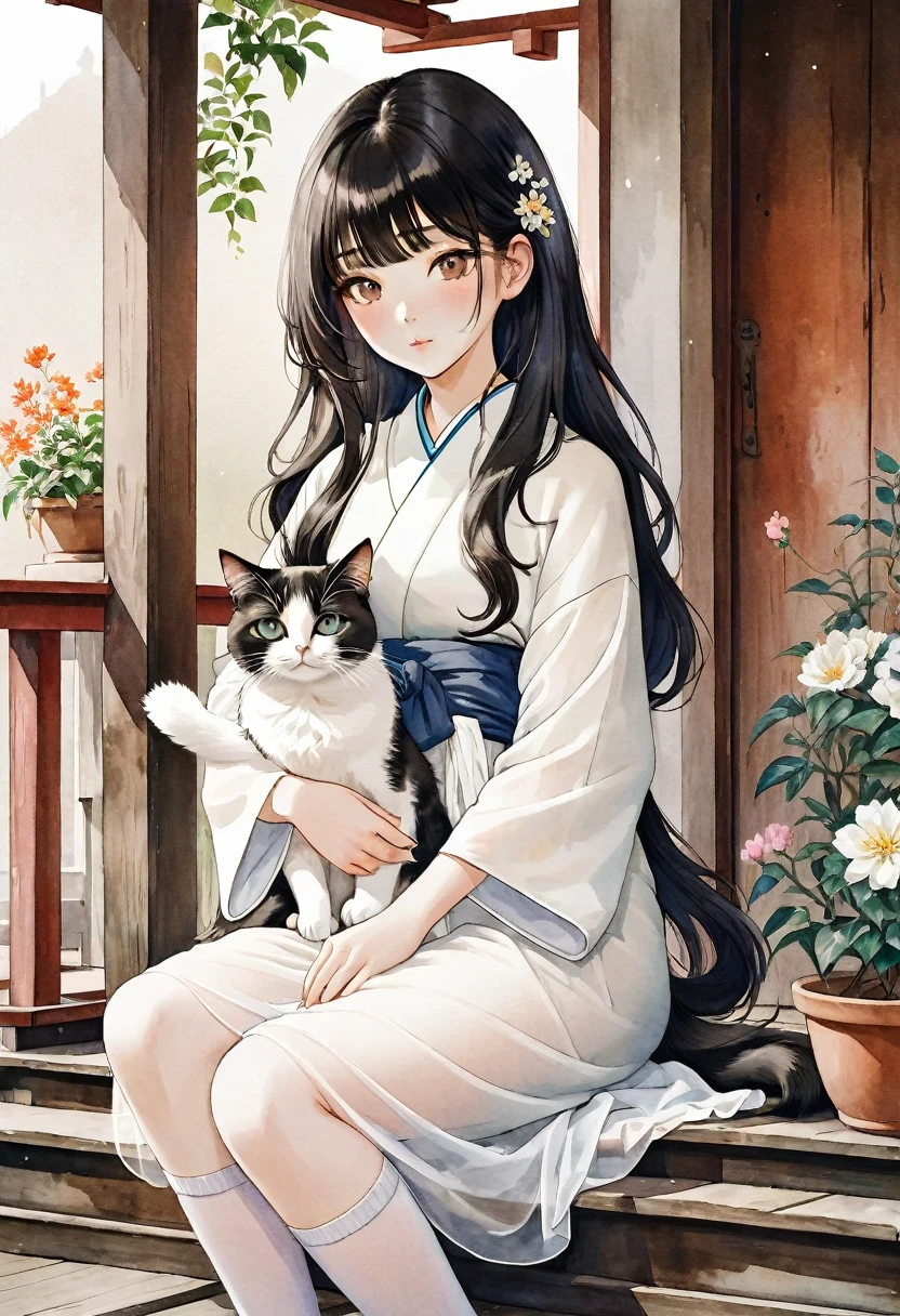 Beautiful oriental girl holding a cat，black flowing hair，Pure white tulle kimono，White socks，Sitting on a wooden porch in front of a rusty old wooden door, simply dressed and looking at the camera，Watercolor edge rendering.hyper-realistic、Wavy curls、textured,Blurred background,Potted flowers on the porch。( Perfect anatomical structure ) Beautiful and extremely fine texture，detailed, bright, High-quality animation style presentation