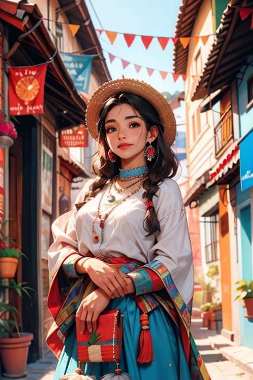 Create an image that represents a cholita from La Paz with the following characteristics:

Apariencia: Cabello largo y negro, peinado en trenzas intrincadas.
Vestimenta: una pollera azul.
Contexto: Carrying a  in an aguayo.
Entorno: Una vibrante escena del mercado en La Paz, Bolivia, with authentic details like fruit stands, vegetales, y textiles coloridos.
Detalles: Resaltar el elegante atuendo de la mujer, capturing his bravery, orgullo y encanto.
HIGHLIGHTS DIGNITY of royalty Lady in skirt, chola
Tema: Tribute to Mother&#39;s Day.
