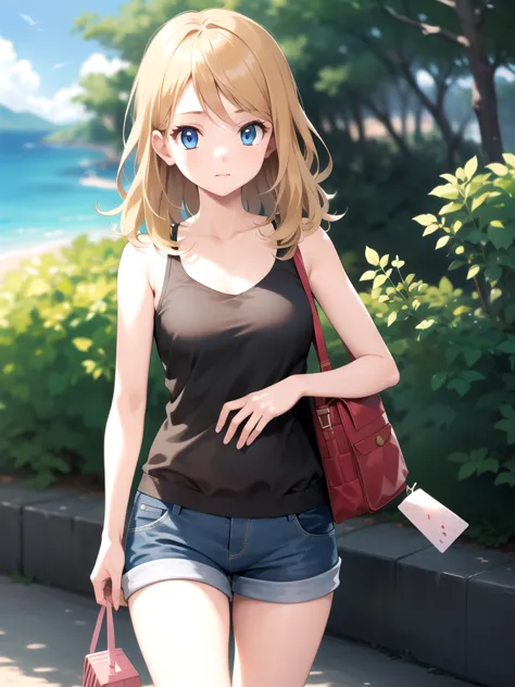 gonzarez, masterpiece, Serenaj, 1girl,l solo, 
 blue eyes, blonde hair, medium hair, open eyes, resort background , blue shorts,...