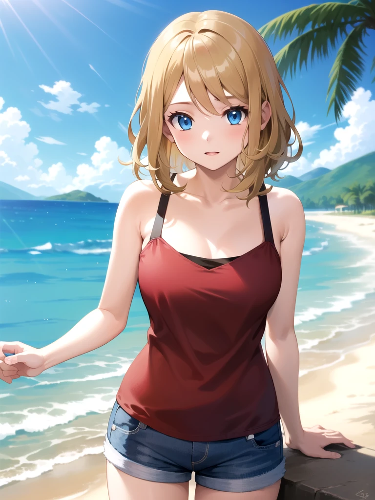 gonzarez, masterpiece, Serenaj, 1girl,l solo, 
 blue eyes, blonde hair, medium hair, open eyes, resort background , blue shorts, pink camisole, mid riff