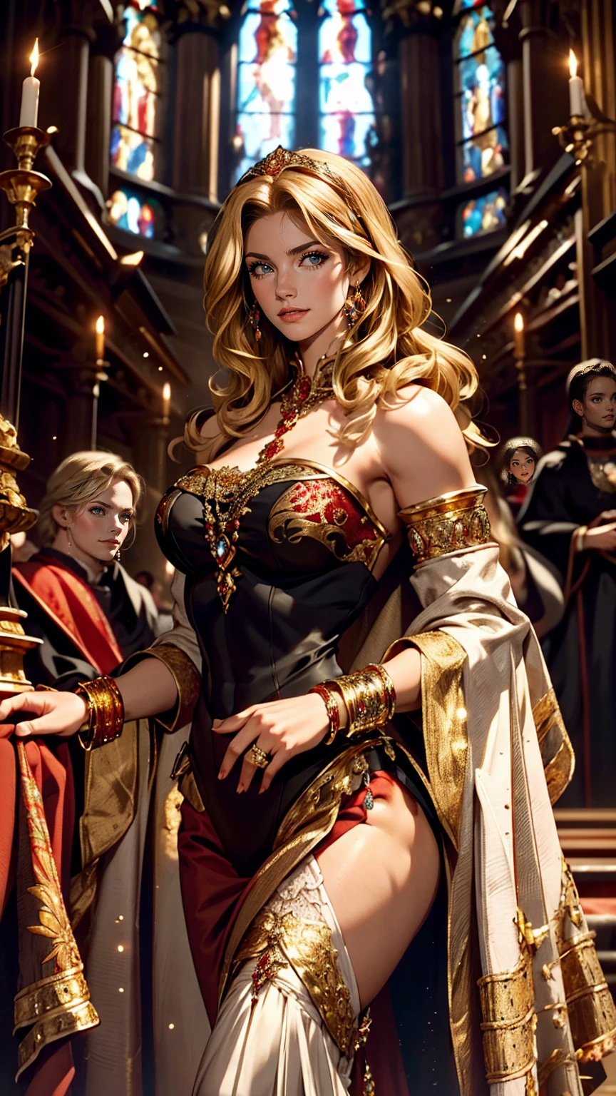 Dark Souls, Dim Light, Old Church, Mature Woman, slim, expensive, Long blonde curly hair, Long black cape, Red leotard with long skirt, Long skirt with diamonds, Gold bracelet, 8k, Official Style, European aristocracy, 