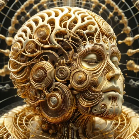 Golden biomechanical human brain timeart