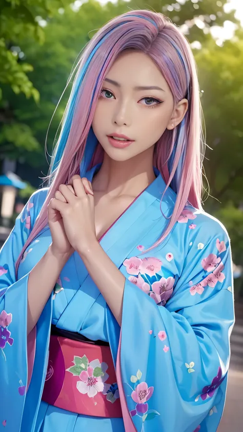 (masutepiece), (((Highest Quality)), (super detailed), 1 girl, (Iridescent hair, Colorful hair, Half blue and half pink hair: 1....