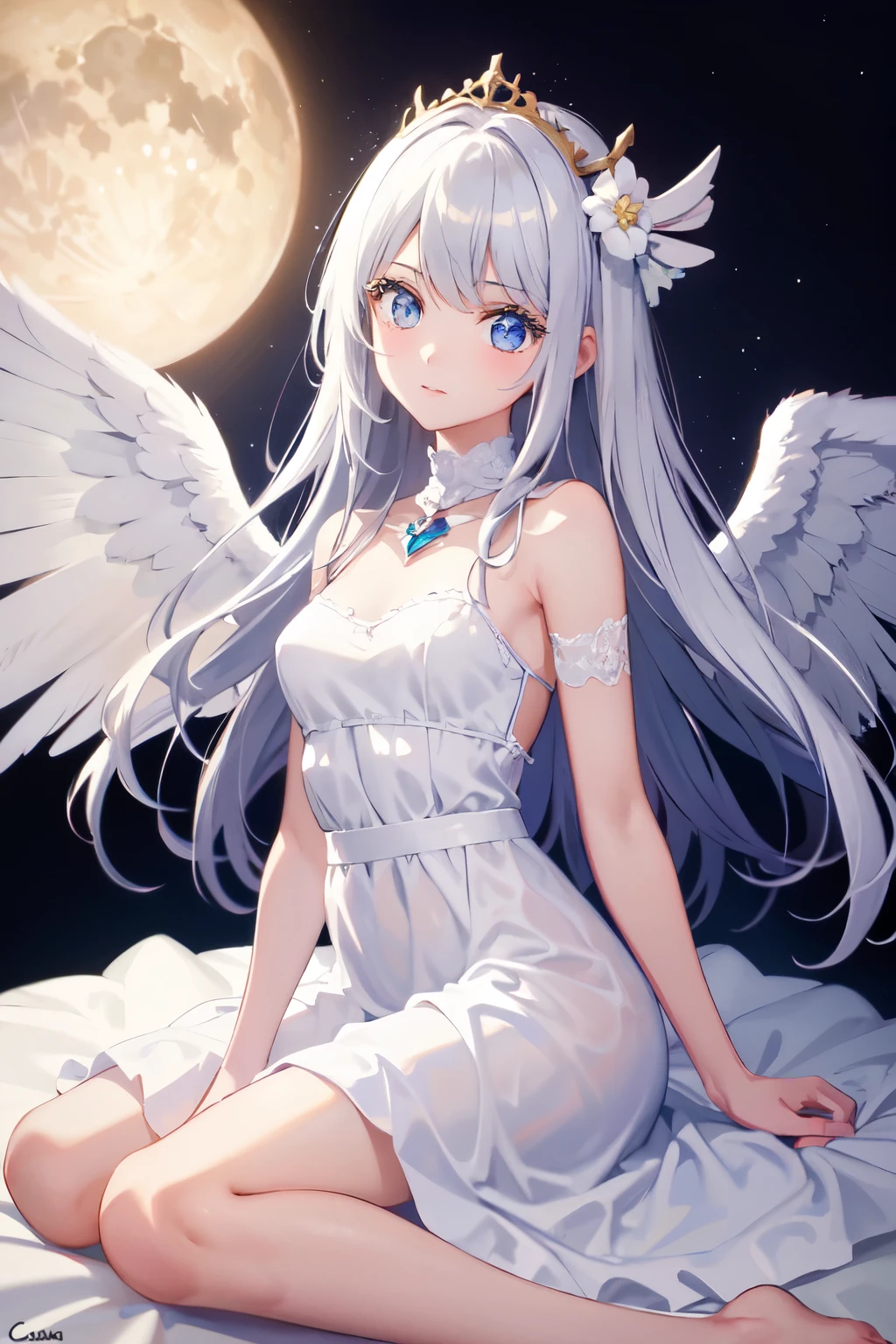 ((최고의 품질)), ((걸작)), (상세한), 완벽한 얼굴. 소녀 1명. 흰색 긴 머리, 파란 눈. . 드레스 공주 . 천사 날개