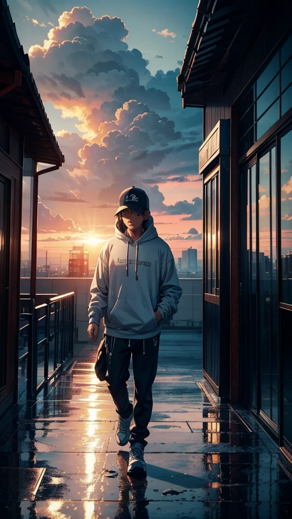 cinematic artwork of a man walking alone, (he is looking up:1, wearing a hoodie, wearing a sports hat, laughing, hands in the pocket, professional image), cinematic atmosphere, semi-realistic, [:(perfect face, expressive face,expressive eyes):8], detailed textures, uhd, reflections, low angle, at the sunset, hair in the wind, breathtaking, alone, solitude, relaxed atmosphere, cozy, (freedom feeling), gorgeous sky, dynamic angle, wet floor. volumetric clouds, upper body shot, 8k, masterpiece, anime masterwork, wallpaer, award winner,
