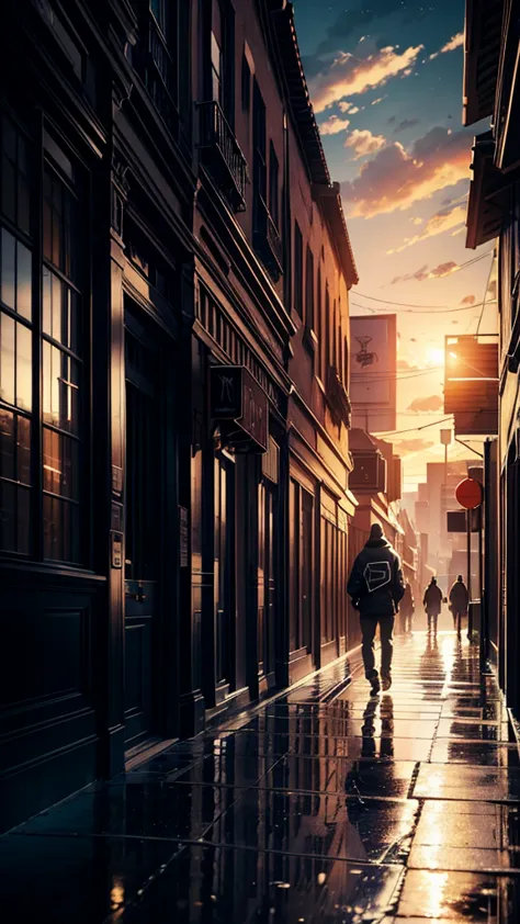 cinematic artwork of a man walking alone, (he is looking up:1, wearing a hoodie, wearing a sports hat, beard, wear black sunglas...