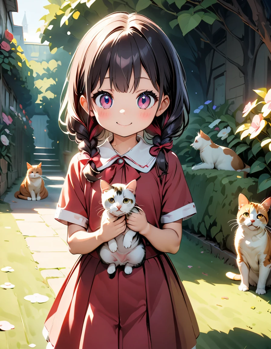 female\(kawaii,small kid,age of 10,smile,hair floating,hair color dark red,long braid hair,eye color dark red,big eyes,white fur,red dress,breast,[cat ear]), BREAK ,background\(outside,many cats,beautiful garden,flower,duppled sunlight\), BREAK ,quality\(8k,wallpaper of extremely detailed CG unit, ​masterpiece,hight resolution,top-quality,top-quality real texture skin,hyper realisitic,increase the resolution,RAW photos,best qualtiy,highly detailed,the wallpaper,cinematic lighting,ray trace,golden ratio\)