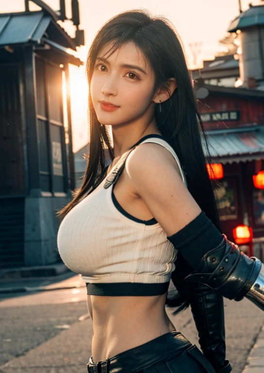 (Photorealistic: 1.4), top quality, very delicate and beautiful, high resolution, 1girl, tifa_lockhart, smile, cowboy shot, suspenders, low rise, mini skirt, tank top, tense shirt, black hair, long hair, elbow gloves, beautiful detailed red eyes, face light, movie lighting, navel, high exposure, abdomen exposure, ribs, abs, ( gigantic breasts: 1.2), dynamic poses, dynamic angles, tifa, medium breast