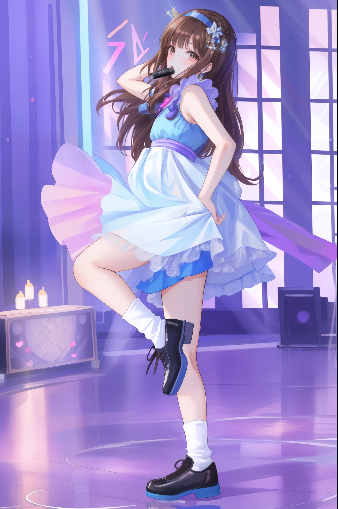 Chica anime con un vestido azul y zapatos negros bailando en el escenario.  - SeaArt AI