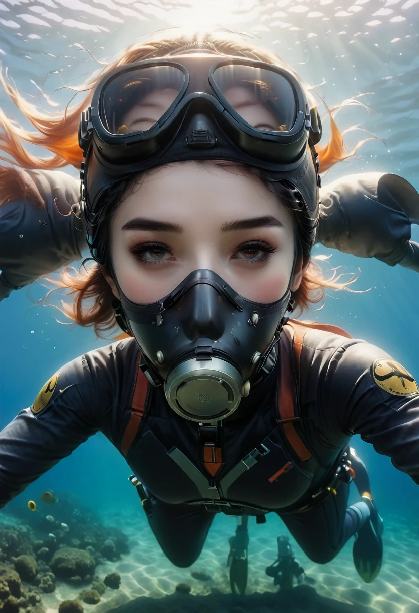 ((full body shot))During the diving course，There is a lady wearing a diving suit and goggles,Wear a diving helmet, Instagram, A diver on the seabed, A diver on the seabed, old scuba, GoPro shooting, Abandoned diving mask, Underwater perspective, 3 6 0 capture, amanda clarke, Underwater shooting,