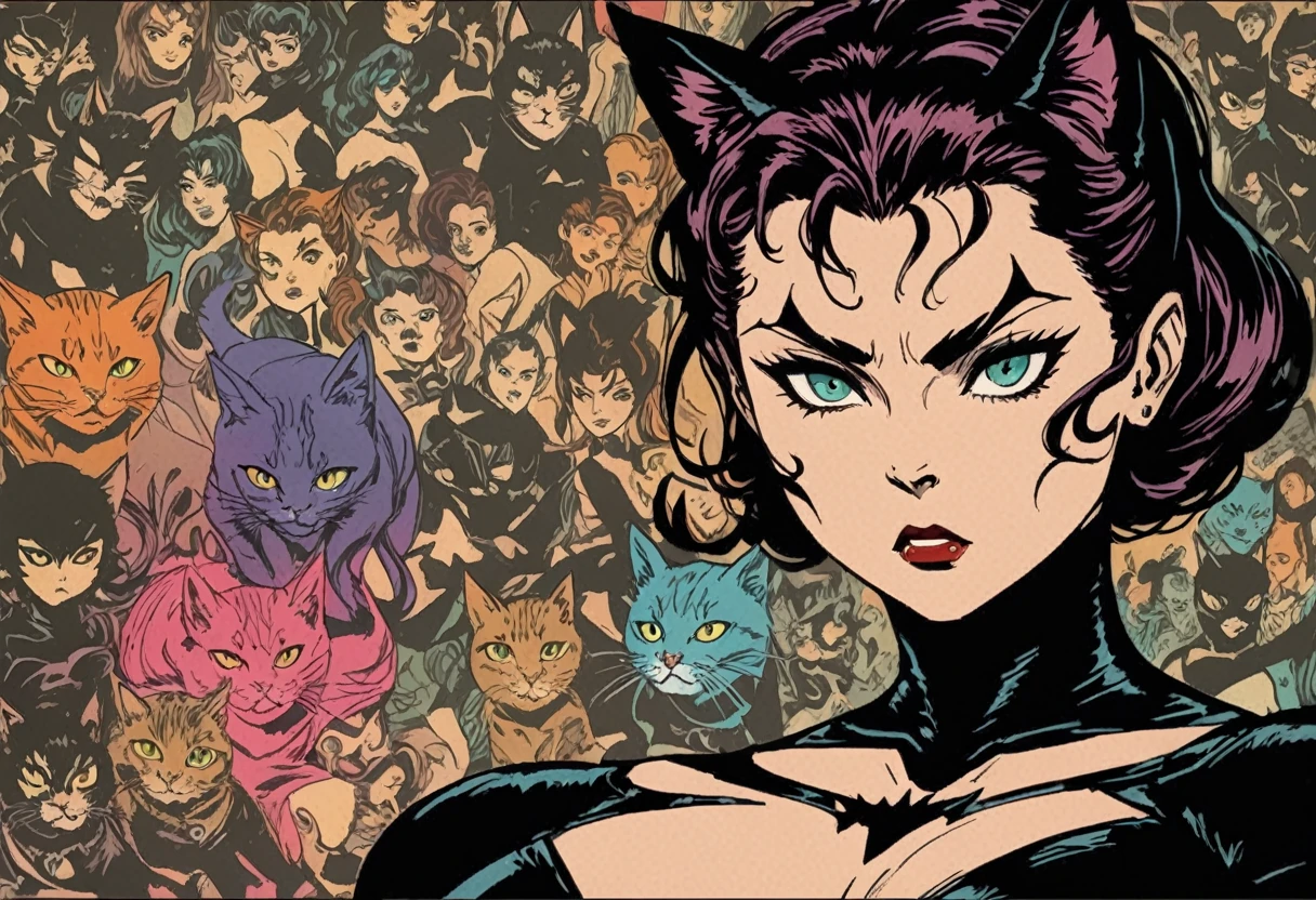 bande dessinée des années 1990, Catwoman, fille chat (bientôt Catwoman) avec un chat, fille avec un chat à l&#39;esprit éthéré, affiche cinématographique, image dans l&#39;image, Exposition multiple, échelle massive, étalonnage riche des couleurs pour la profondeur de l&#39;ombrage, réalisme de dessin animé de rotoscope dessiné à la main, éclairage clair-obscur, médias mixtes, bande dessinée vintage, design rétro original, sensation d&#39;énergie du mouvement) (Référence de style Catwoman de Joelle Jones), (couleur roygbiv complète) illustration expressive au fusain d&#39;encre, esthétique noire audacieuse
