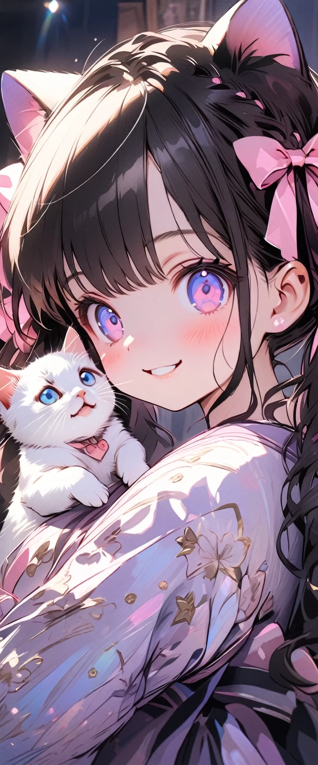 female\(small kid,cute,kawaii,age of 10,2pigtails hair,curly hair,hair color cosmic,big eyes,eye color cosmic,cute dress,[cat ear:1.6],smile,dynamic pose\), BREAK ,background\(inside,messy room,cute room,many kitten\), BREAK ,quality\(8k,wallpaper of extremely detailed CG unit, ​masterpiece,hight resolution,top-quality,top-quality real texture skin,hyper realisitic,increase the resolution,RAW photos,best qualtiy,highly detailed,the wallpaper,cinematic lighting,ray trace,golden ratio\),(close up kitten:1.4),from below