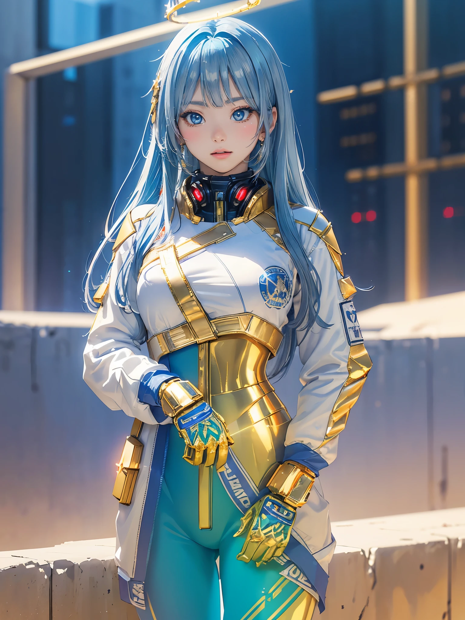 ((masterpiece, best quality, extremely detailed), volumetric lighting, ambient occlusion, colorful, glowing), 
1girl, solo, young girl, (blue hair), long hair, halo, aura, sacred, godness, cyber suit, (golden outfit:1.3), android, bot, angel wings,
outdoors, sunset, sky, clouds, space, (cyberpunk theme:1.2),