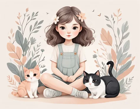 girl with cat clipart, cute, organic forms, flat illustration, desaturated light and airy pastel color palette, nursery art, 