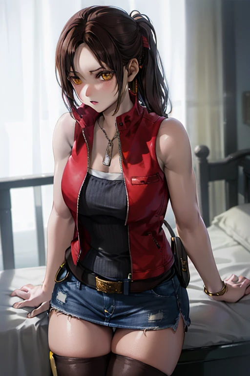 mesa, mejor calidad, 1 chica en, (Claire Redfield), Pelo castaño, (Ojos amarillos:1.2),(Chaqueta sin mangas)、((Minifalda vaquera))、((calcetines negros hasta el muslo))、((Dormitorio))、cabello largo、poneyTail、((Prendas de abrigo de punto))