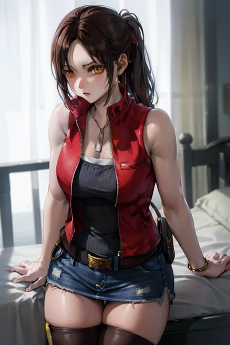 masutepiece, best quality, 1girl in, (claire redfield), brown hair, (yellow eyes:1.2),(sleeveless jacket)、((denim miniskirt))、((...