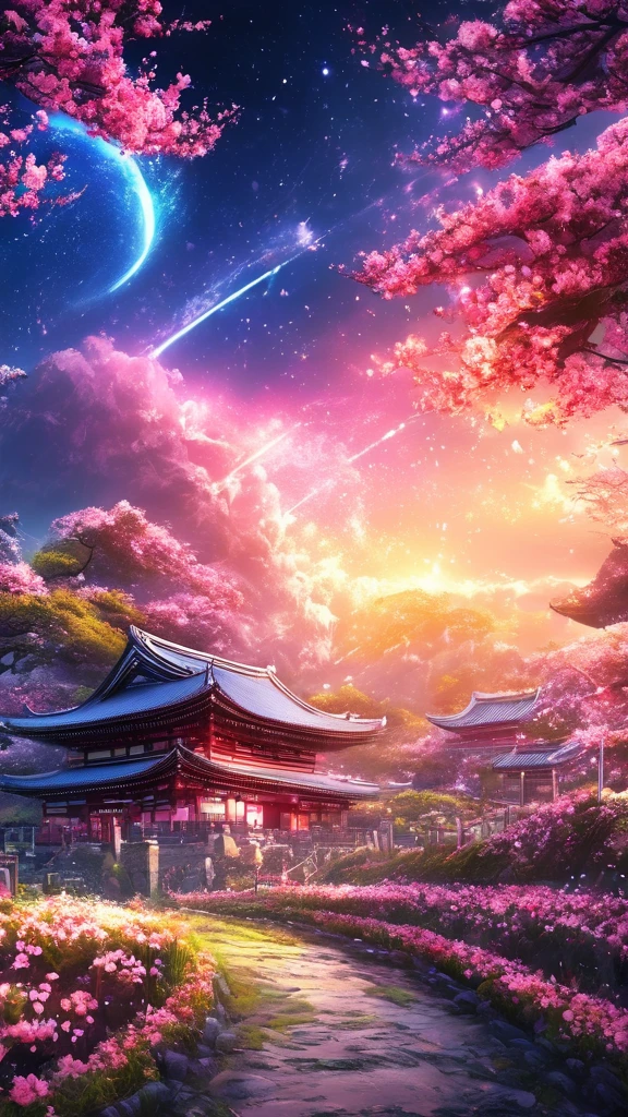 masterpiece, concept art, panorama, in the center, figure, wide shot, flower garden, night, (Meteors), Space galaxy background, (magnificent composition, epic proportions), dynamic lighting, Bright colors, cherry blossoms,