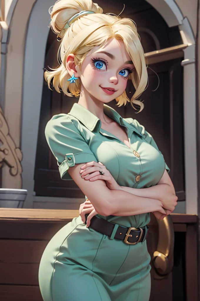 wide shot, ((best quality)), ((highly detailed)), masterpiece, (detailed eyes, deep eyes), (1girl), dynamic angle, cowboy shot, tinkerbell, woman, smile, ((short blonde hair)bun ), ((blue eyes)),firm breasts, realistic proportions, curvy body, lipstick, curvy hips, subtly visible breasts, day lighting, ((petite body)),l4p3ldr3ss, short sleeves, belt, buttons, green dress,