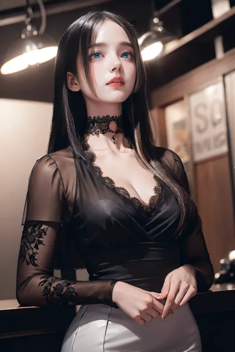 Beautiful girl with realistic black eyes, Pale skin, Long black hair, Perfect Face, Perfect Eyes, ((See-through)),((Deep V-neck ...