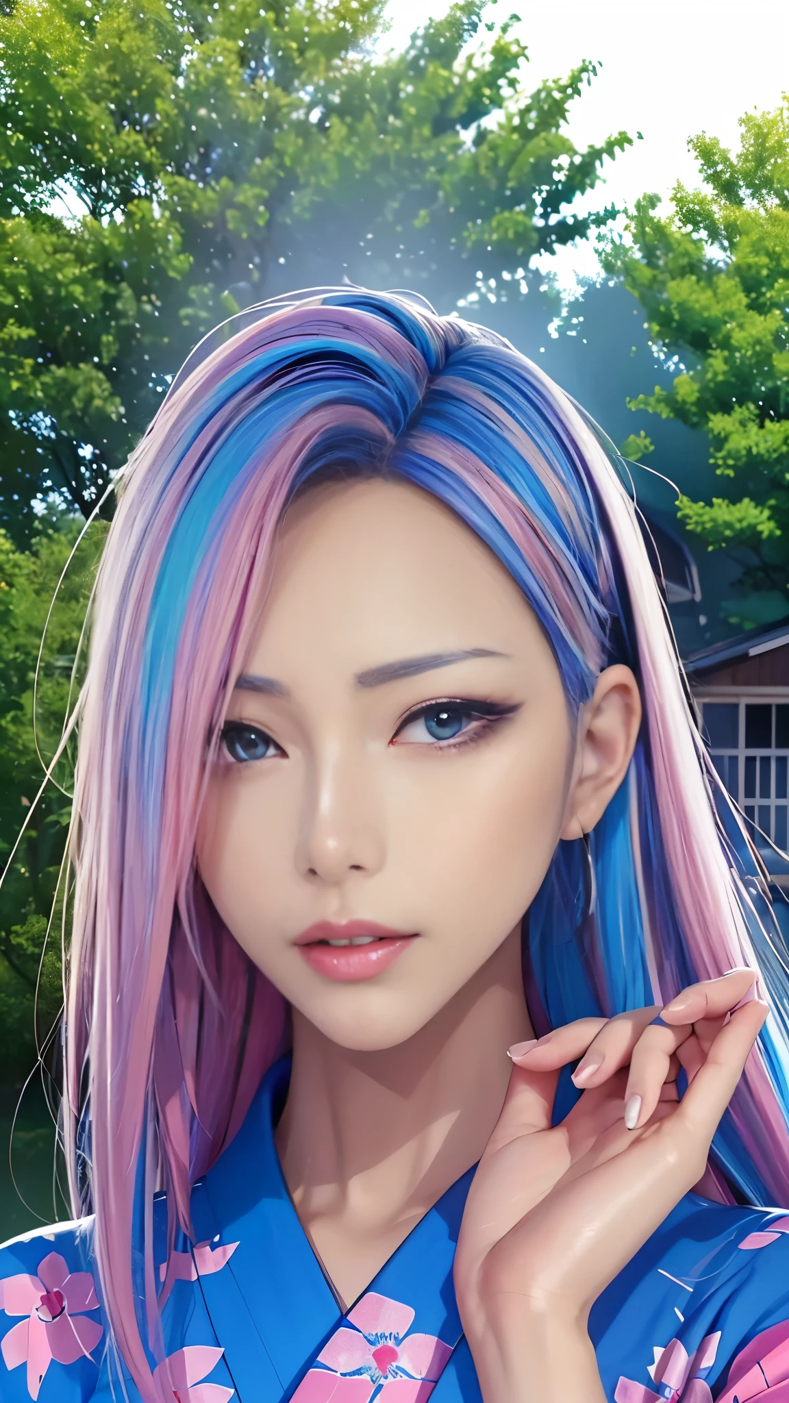 (masutepiece), (((Highest Quality)), (super detailed), 1 girl, (Iridescent hair, Colorful hair, Half blue and half pink hair: 1.2), , (Yukata: 1.2), Midsummer Night、plein air, Bangs, Smile, sky-blue eyes, Perfect hands, Perfect hands, Hand Details, Corrected Fingers. earrings, Night Store + Background, up looking_in_viewer, Cowboy Shot, of the highest quality, rich detail, Perfect image quality, blue dark color