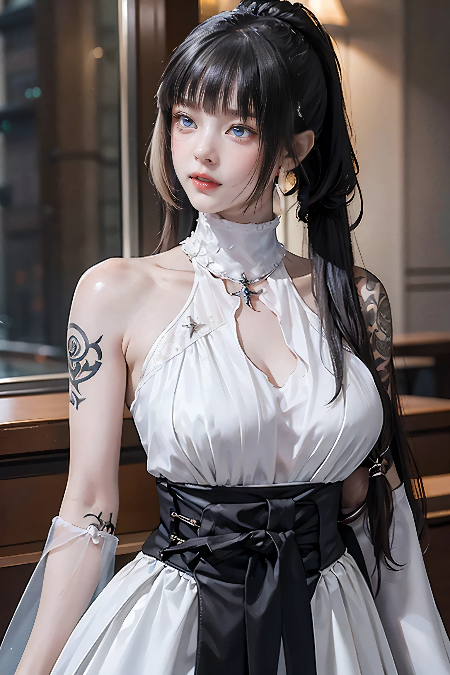 woman, Severe, elegant, Pink Dress, Aristocratic, silver element, Long nails, Exposing shoulders, Hairstyle, Put your hair up, Braids and ponytails, Messy, arrogant, Absurd, Detailed dress, Royalty, celebration, Hall decorated with flowers, Cowboy Shot, Portraiture, (highest quality), (masterpiece), (Very detailed), (4K),(((He has many tattoos all over his body)), (((Tight waist))), ((Big Breasts)),(See through)，panties