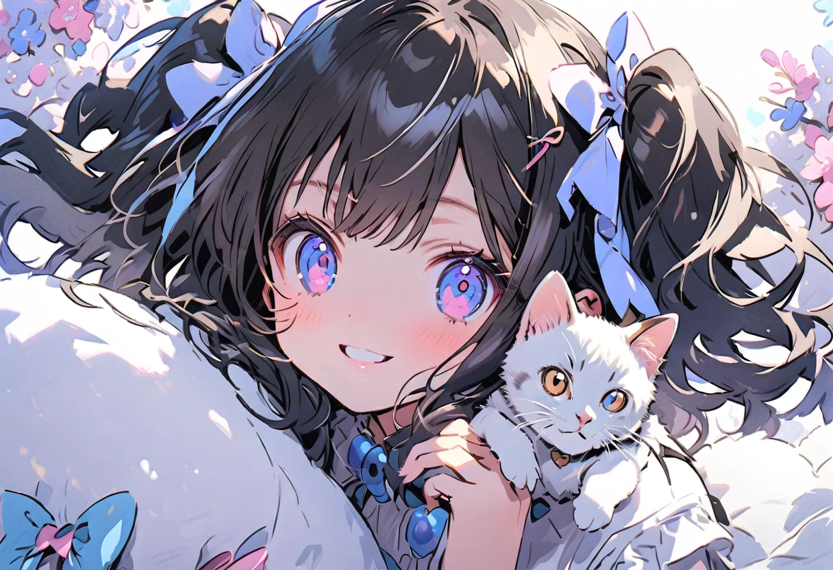 2females\(small kid,cute,kawaii,age of 10,2pigtails hair,curly hair,hair color cosmic,big eyes,eye color cosmic,cute dress,[cat ear:1.8],smile,cute pose,long shot\) AND 2females\(cat,kitten\) BREAK ,background\(inside,messy room,cute room,many kitten\), BREAK ,quality\(8k,wallpaper of extremely detailed CG unit, ​masterpiece,hight resolution,top-quality,top-quality real texture skin,hyper realisitic,increase the resolution,RAW photos,best qualtiy,highly detailed,the wallpaper,cinematic lighting,ray trace,golden ratio\),(close up cat:2.0),dynamic angle