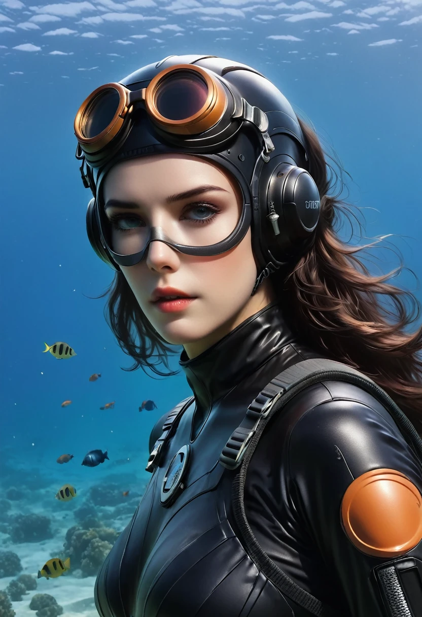 hera syndulla Aayla Secura played by jennifer connely((full body shot))During the diving course，There is a lady wearing a diving suit and goggles,Wear a diving helmet, Instagram, A diver on the seabed, A diver on the seabed, old scuba, GoPro shooting, Abandoned diving mask, Underwater perspective, 3 6 0 capture, amanda clarke, Underwater shooting,
