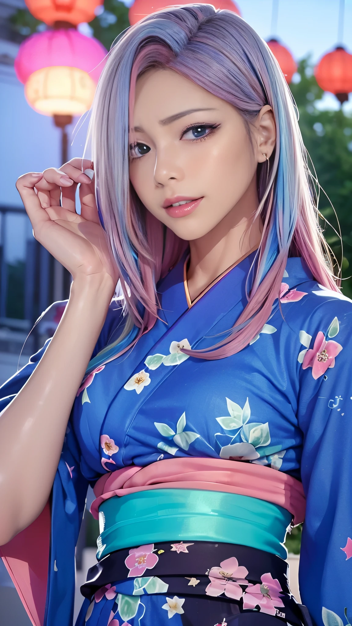 (masutepiece), (((Highest Quality)), (super detailed), 1 girl, (Iridescent hair, Colorful hair, Half blue and half pink hair: 1.2), , (Yukata: 1.2), Midsummer Night、plein air, Bangs, Smile, sky-blue eyes, Perfect hands, Perfect hands, Hand Details, Corrected Fingers. earrings, Night Store + Background, up looking_in_viewer, Cowboy Shot, of the highest quality, rich detail, Perfect image quality, blue dark color、(night:1.5, Japanese Summer Festivals)