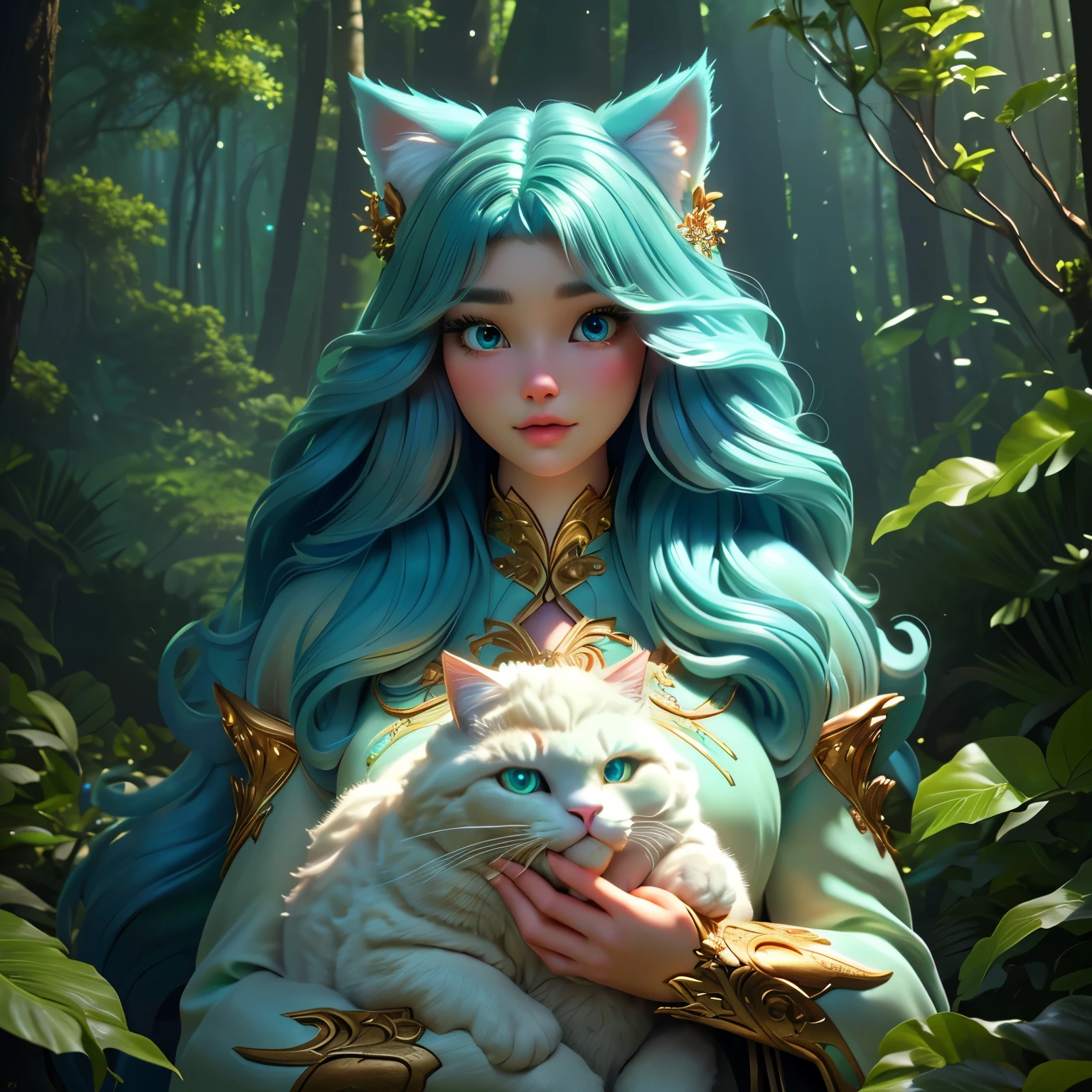 Una niña y una gran criatura parecida a un gato esponjoso en un bosque exuberante、cara detallada、ojos muy detallados、hermosos labios detallados、Pestañas largas、detalles realistas e intrincados、Hermosa luz natural、Colores brillantes、composición cinematográfica、arte digital premiado、elegant、fantasía、fantástico、realismo magico、Dedos anatómicamente correctos、Estructura corporal anatómicamente correcta.、