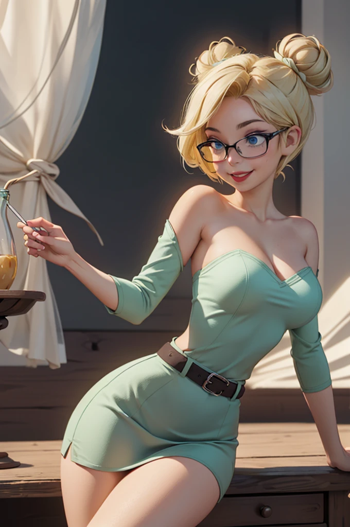 wide shot, ((best quality)), ((highly detailed)), masterpiece, (detailed eyes, deep eyes), (1girl), dynamic angle, cowboy shot, tinkerbell, woman, smile, ((short blonde hair)bun ), ((blue eyes)),firm breasts, realistic proportions, curvy body, lipstick, curvy hips, subtly visible breasts, day lighting, ((petite body)), dark green wool pencil skirt, belt, light green blouse with elbow length sleeves and a square neckline, think rimmed glasses, heels