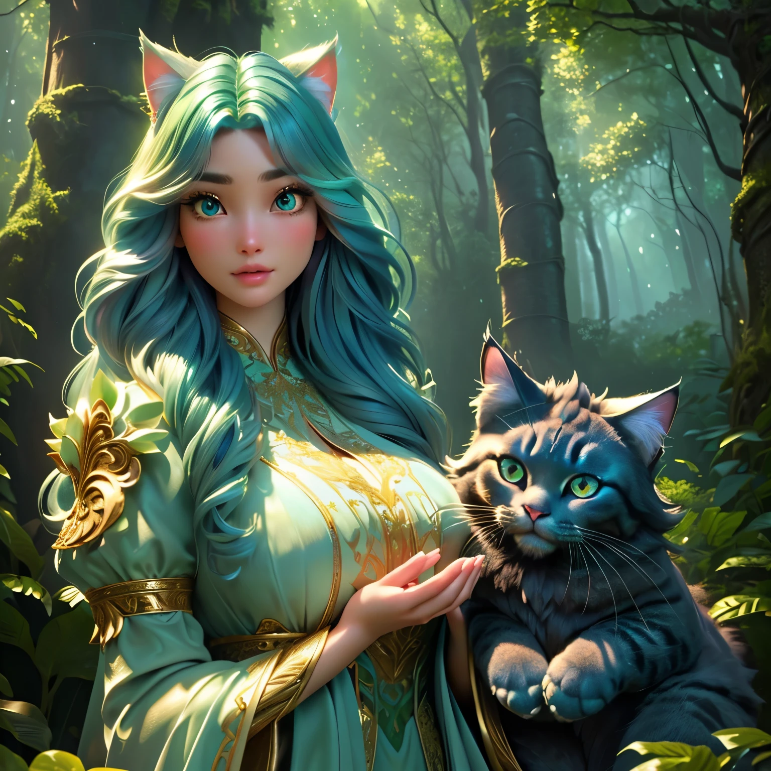 A young girl and a large fluffy cat-like creature in a lush forest、Detailed face、Highly detailed eyes、Beautiful detailed lips、Long eyelashes、Realistic and intricate details、Beautiful natural light、Bright colors、Cinematic composition、Award-winning digital art、elegant、Fantasy、Fantastic、Magical realism、Anatomically correct fingers、Anatomically correct body structure、