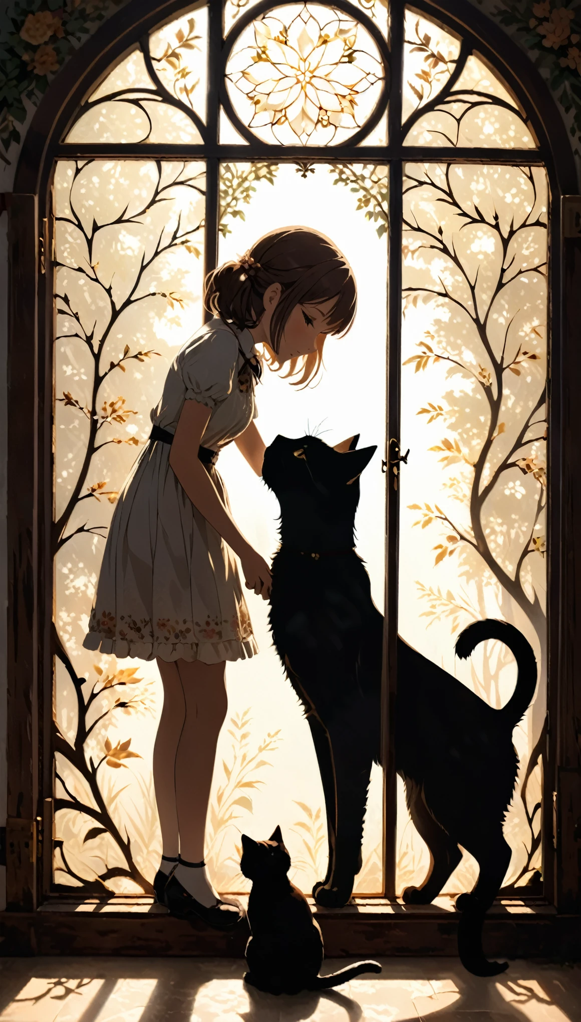 silhouettes of a cat and a girl framed within a massive vintage window frame. The silhouette captures the girl as she bends down to gently grasp the cat's paw, forming a tender and heartwarming moment frozen in time. The interplay of light and shadow against the intricate details of the window frame adds depth and texture to the composition, creating a visually striking image that conveys a sense of connection and companionship between the girl and her feline friend