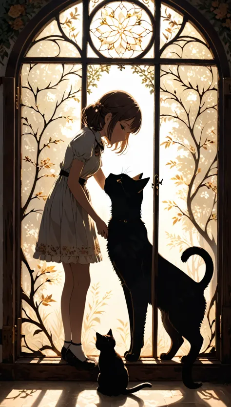 silhouettes of a cat and a girl framed within a massive vintage window frame. The silhouette captures the girl as she bends down...