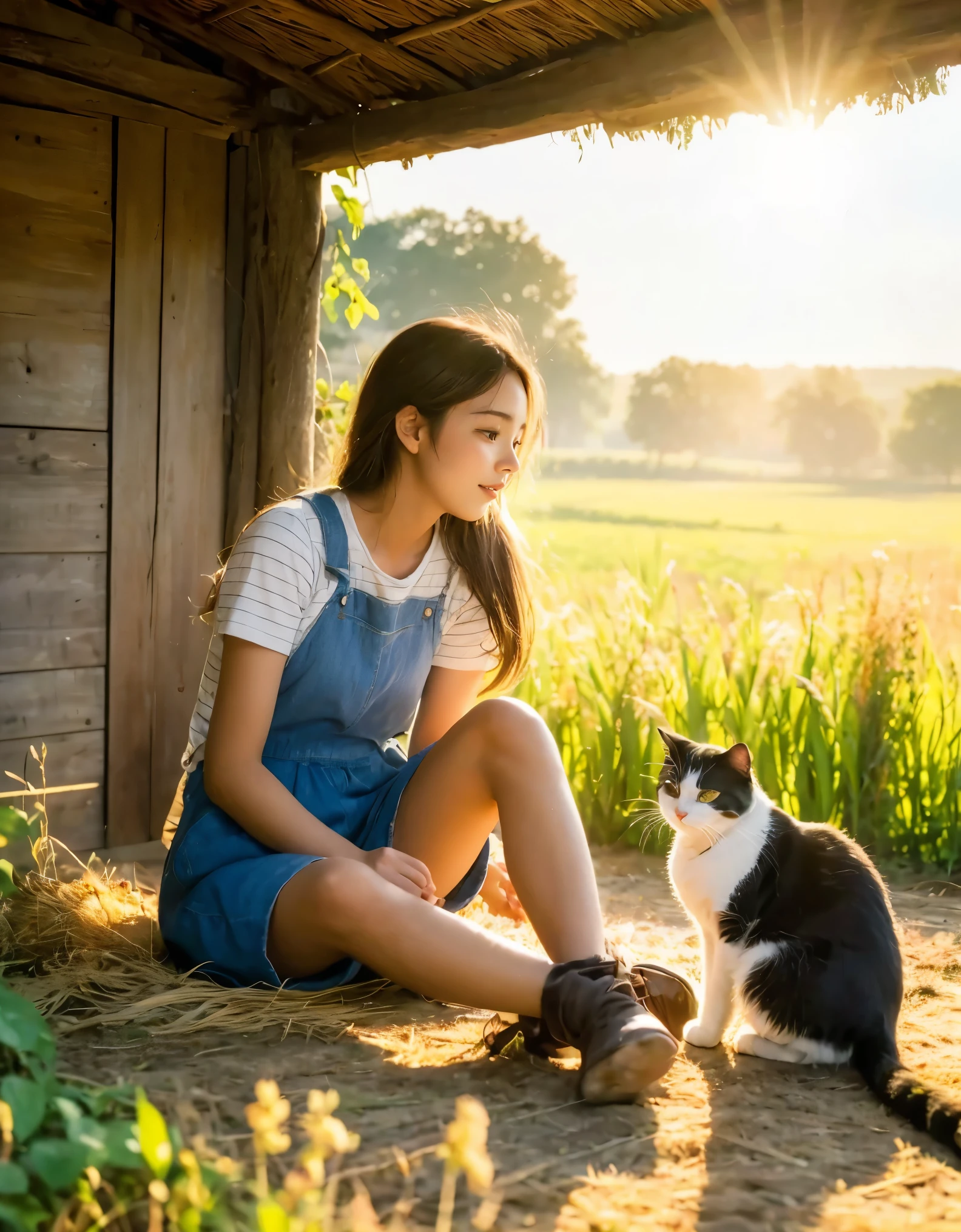 Fotografia capturando o encanto rústico da vida rural, retratando um gato satisfeito e uma garota se aquecendo sob o brilho quente do sol poente enquanto o dia chega ao fim tranquilo no campo. A cena exala tranquilidade e simplicidade, com a menina e o gato imersos em um momento de tranquila alegria e companheirismo em meio ao idílico cenário rural. Os raios dourados da luz solar aumentam o calor e a serenidade da cena, convidando os espectadores a saborear a beleza da natureza e o vínculo entre humanos e animais num cenário rural harmonioso