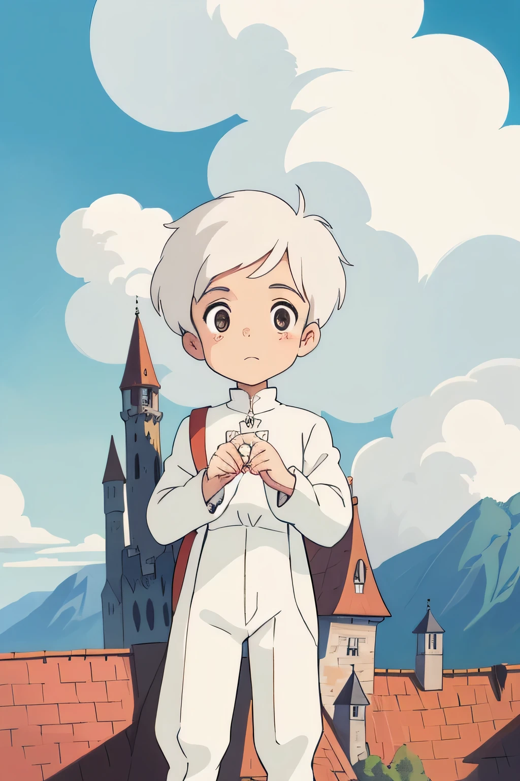 ((conception d'autocollant, fond incolore)), Boy, Shota blanc, Cheveux courts blancs, Cheveux blancs, White theme, habits de prince, princely theme, yeux gris, (masterpiece, Best quality:1.6), Castle in the sky, par temps dégagé, quelques nuages dans le ciel, (style mignon:1.4),