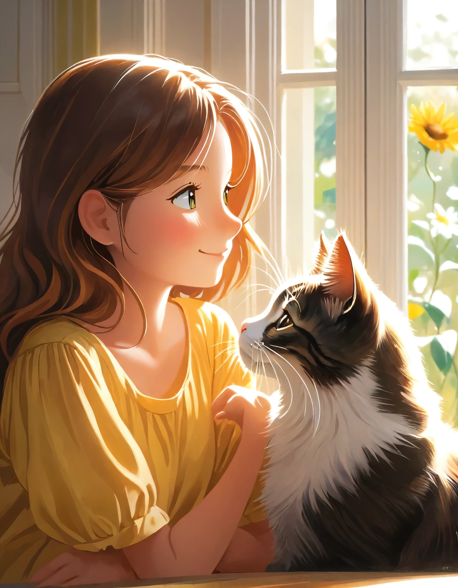  少女と猫の愛らしい絆を捉える, 愛情と遊び心を共有する瞬間に彼らの友情が表れている. この画像は暖かさと心地よさを伝えている, 少女と猫のやり取りは、彼らの深い絆と相互理解を反映している。. 微妙な仕草や表情を通して, この写真は、少女と彼女の猫の仲間とのシンプルでありながら深い関係に見られる喜びと満足感を表現している。, 視聴者に無条件の愛と友情の美しさを味わってもらう