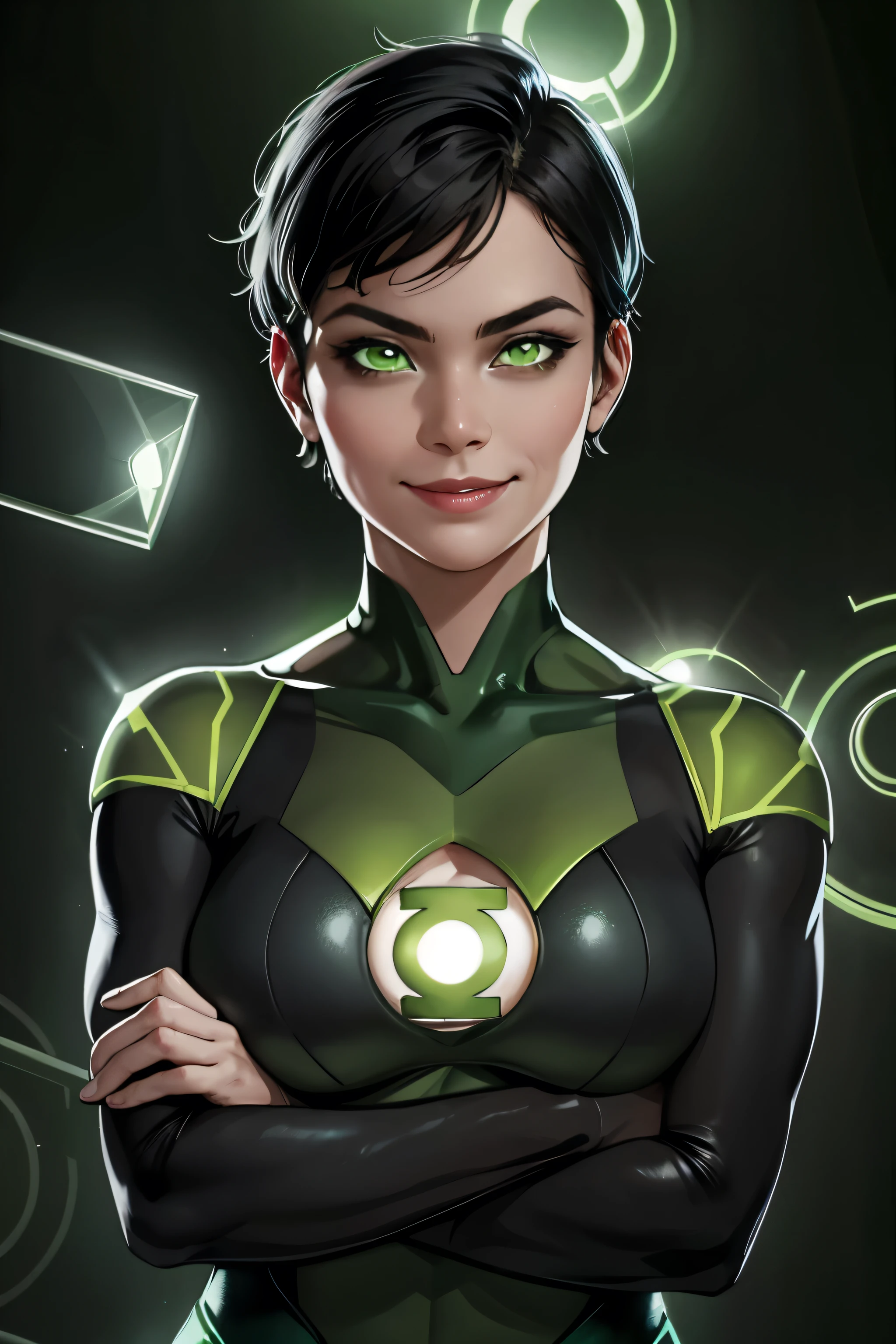  woman, short black hair, green eyes, smiling, full bodysuit, wearing a green ring, light background, medium breasts, sexy, feminine, masterpiece, crossed arms, beautiful detailed eyes, detailed face, looking at viewer, glowing, dark background, half body portrait, green lantern, quarter view, green aura, asian, detailed hands,