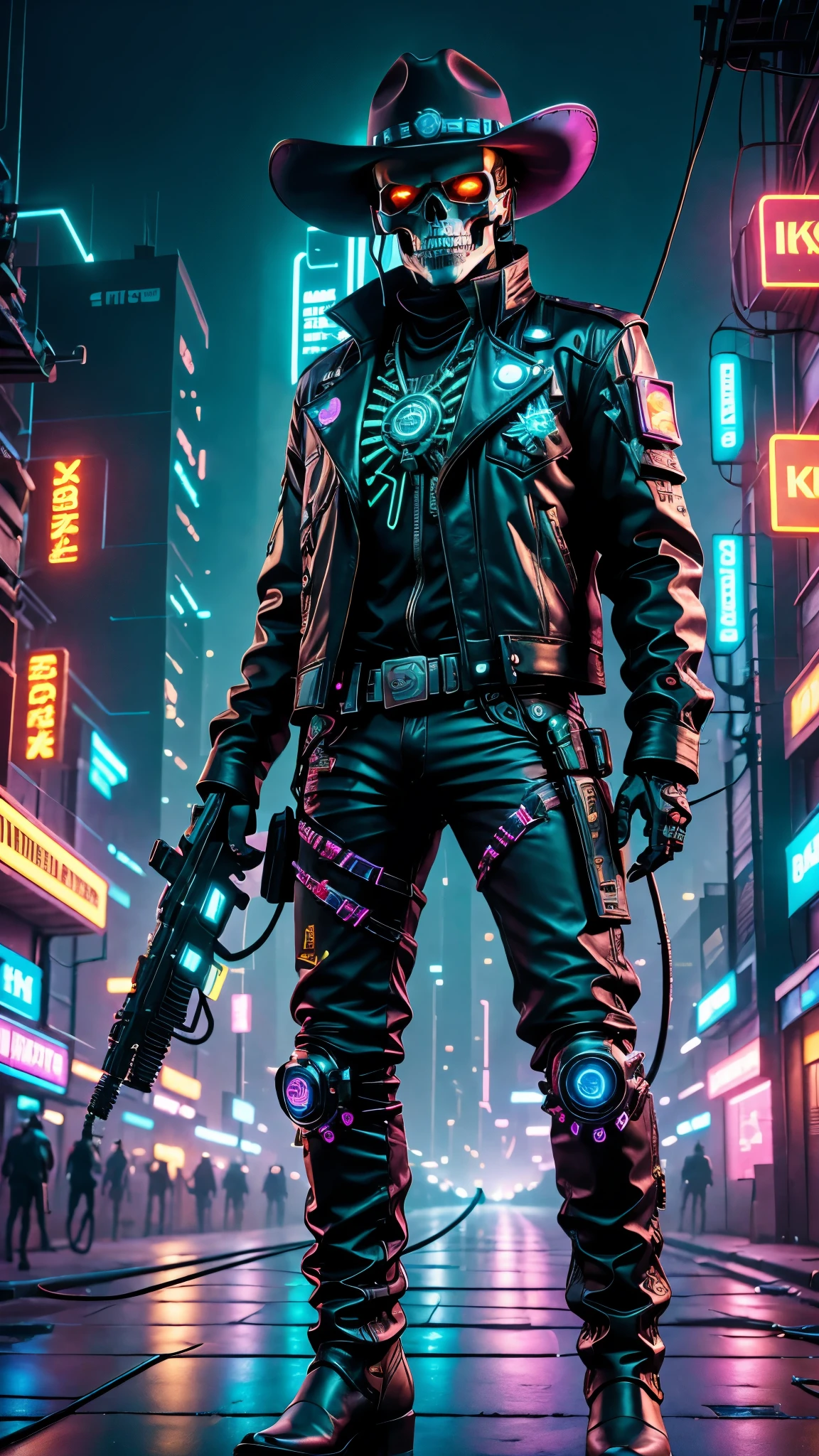 cyber punk style：Skull Robot Sheriff，metalictexture，wearing a cowboy hat+Cockade+Neon brim，Wearing a leather jacket and cowboy boots，retro futuristic style，glowing light eyes，High-tech weapons hanging from the belt，wires and cables，nighttime scene，vibrant with colors，electric sparks，Dystopian cityscape，Network enhancement，Mixed reality。(Best quality at best,4K,8K,A high resolution,tmasterpiece:1.2),ultra - detailed,(actual,photoactual,photo-actual:1.37),