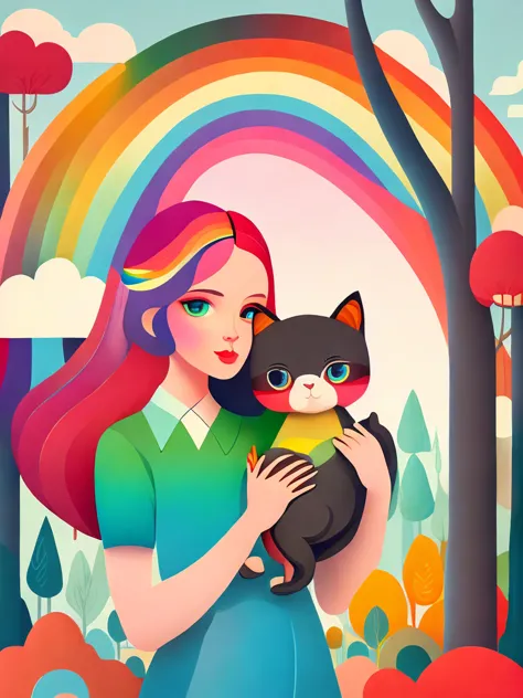 Art Illustration，1girl, Holding a kitten，rainbow，portrait，Trees，rich and colorful, Contrasting colors, in the spring landscape, ...