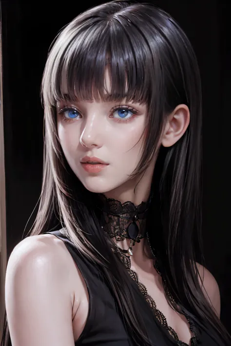 Beautiful girl with realistic black eyes, Pale skin, Long black hair, Perfect Face, Perfect Eyes, ((See-through)),((Deep V-neck ...