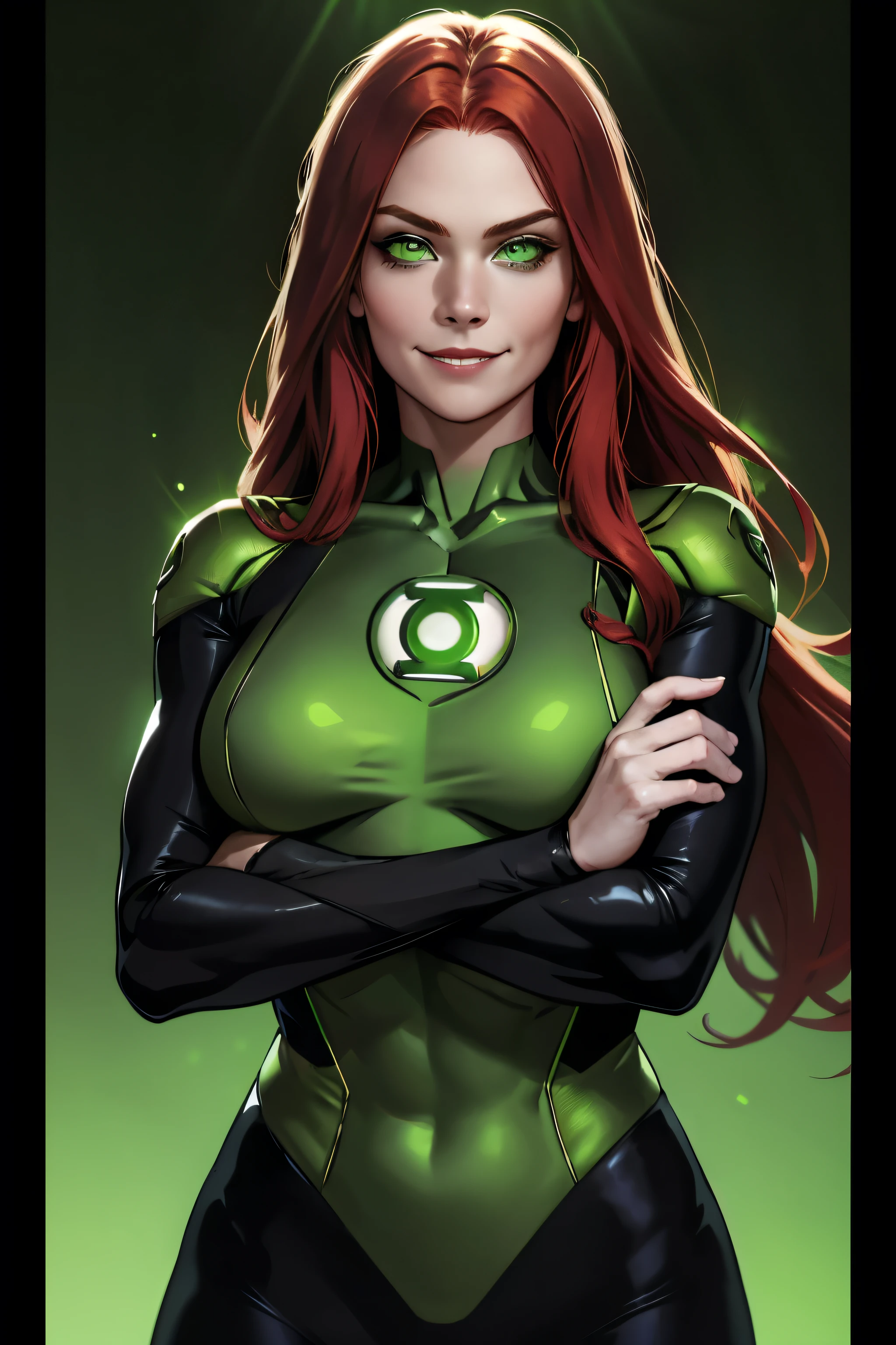 woman, long red hair, green eyes, smiling, full bodysuit, wearing a green ring, light background, medium breasts, sexy, feminine, masterpiece, crossed arms, beautiful detailed eyes, detailed face, looking at viewer, glowing, dark background, half body portrait, green lantern, quarter view, green aura, caucasian, detailed hands,