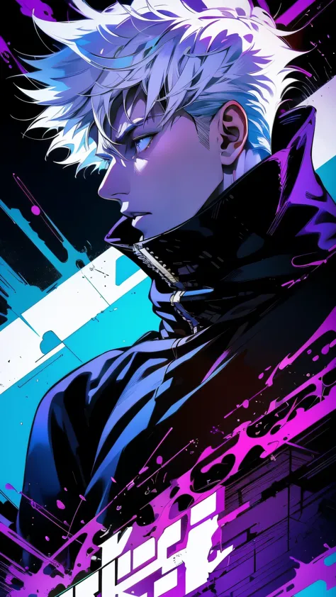 a man with white hair and a purple jacket holding a cell phone, cyberpunk art inspired by Munakata Shikō, tumblr, digital art, u...