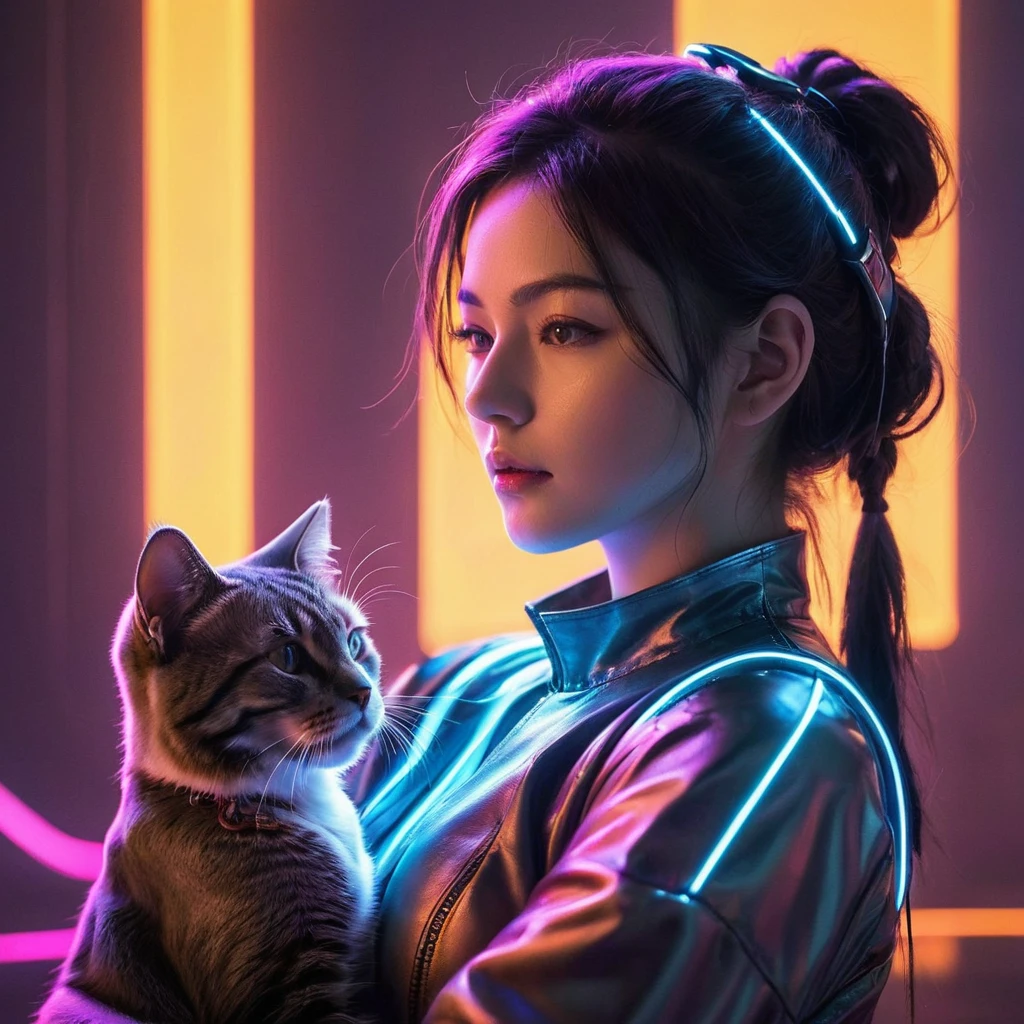  a futuristic cyberpunk twist on the relationship between a girl and her cat, blending elements of advanced technology and sleek aesthetics with the warmth of their bond. The girl and the cat are depicted in a cyberpunk setting, where neon lights and metallic accents create a dynamic backdrop for their interaction. This juxtaposition of high-tech visuals with the emotional connection between the girl and her feline companion adds a unique and captivating dimension to the image, offering a fresh perspective on the timeless bond shared between humans and animals.