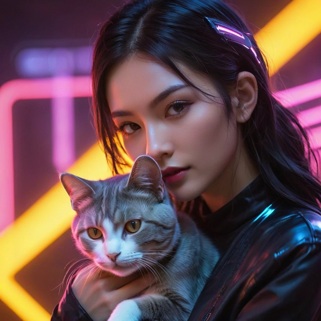  uma reviravolta cyberpunk futurística sobre o relacionamento entre uma garota e seu gato, combinando elementos de tecnologia avançada e estética elegante com o calor de sua ligação. A menina e o gato são retratados em um cenário cyberpunk, onde luzes neon e detalhes metálicos criam um cenário dinâmico para sua interação. Esta justaposição de visuais de alta tecnologia com a ligação emocional entre a menina e o seu companheiro felino acrescenta uma dimensão única e cativante à imagem, oferecendo uma nova perspectiva sobre o vínculo atemporal compartilhado entre humanos e animais.