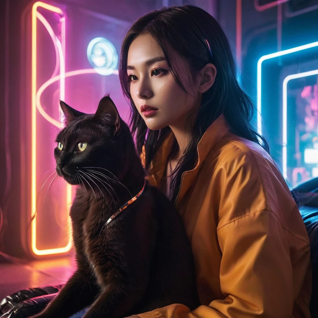  un giro futurista cyberpunk en la relación entre una niña y su gato, combinando elementos de tecnología avanzada y estética elegante con la calidez de su vínculo. La niña y el gato están representados en un ambiente ciberpunk., donde las luces de neón y los detalles metálicos crean un telón de fondo dinámico para su interacción. Esta yuxtaposición de imágenes de alta tecnología con la conexión emocional entre la niña y su compañero felino añade una dimensión única y cautivadora a la imagen., ofreciendo una nueva perspectiva sobre el vínculo atemporal compartido entre humanos y animales.