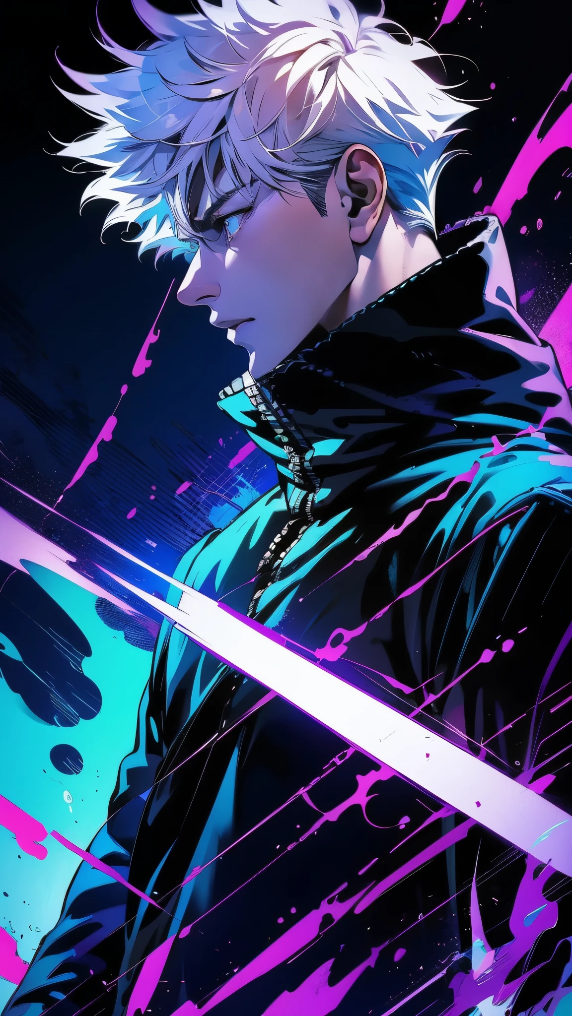 ein Mann mit weißem Haar und einer lila Jacke, der ein Mobiltelefon hält, cyberpunk art inspired by Munakata Shikō, tumblr, digital art, Ufotable-Kunststil, Anime-Wallpaper, Profilbild 1024px, Trigger-Anime-Kunststil, Badass-Anime 8 K, Tokio Ghul, 4K-Anime-Hintergrundbild, jujutsu kaisen