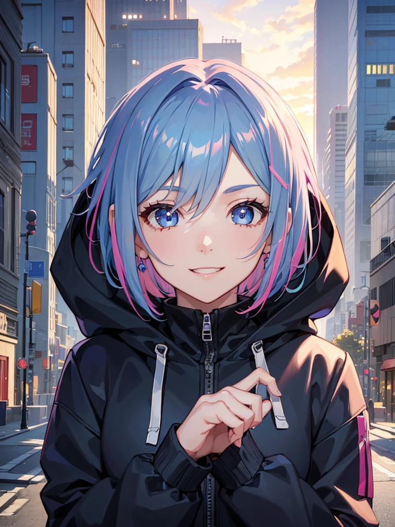 masterpiece, best quality, 1girl, blue hair with pink highlights, short hair, hime cut, blue eyes, oversize hoodie, techwear, smile, city background, detailed eyes, detailed facial features, realistic and high resolution (best quality, 4k, 8k, highres, masterpiece:1.2)